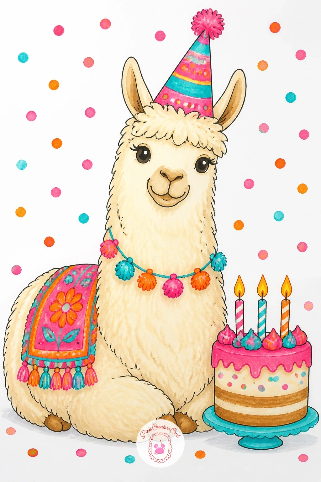 Llama In A Party Hat Beside A Cake — Bring the celebration energy back after that bigger landscape scene. Llama drawing