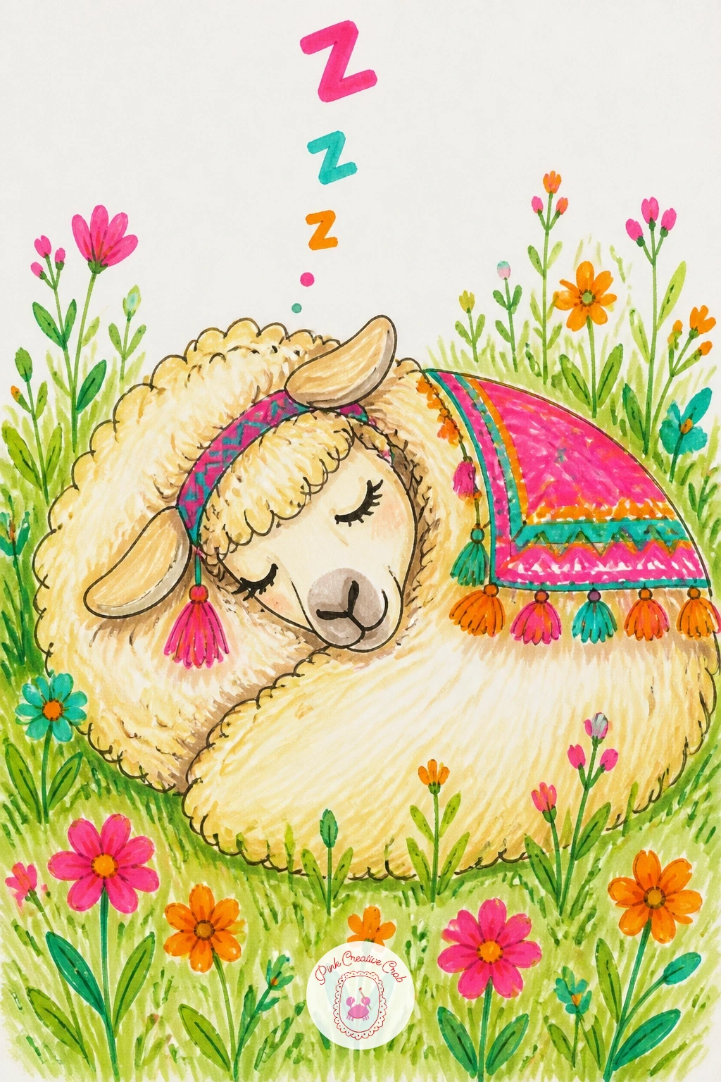 Llama Asleep In A Meadow — Rest the energy for a moment with a quiet sleeping llama. Llama drawing