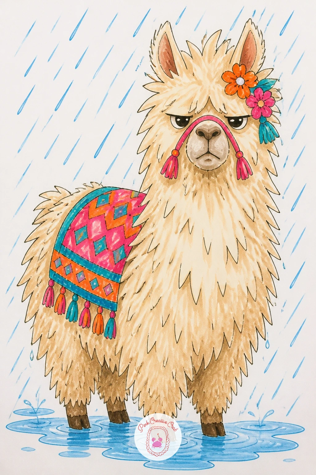 Llama With Fluffed-Up Fur In The Rain — Here is a fun texture challenge after all that smooth coloring. Llama drawing