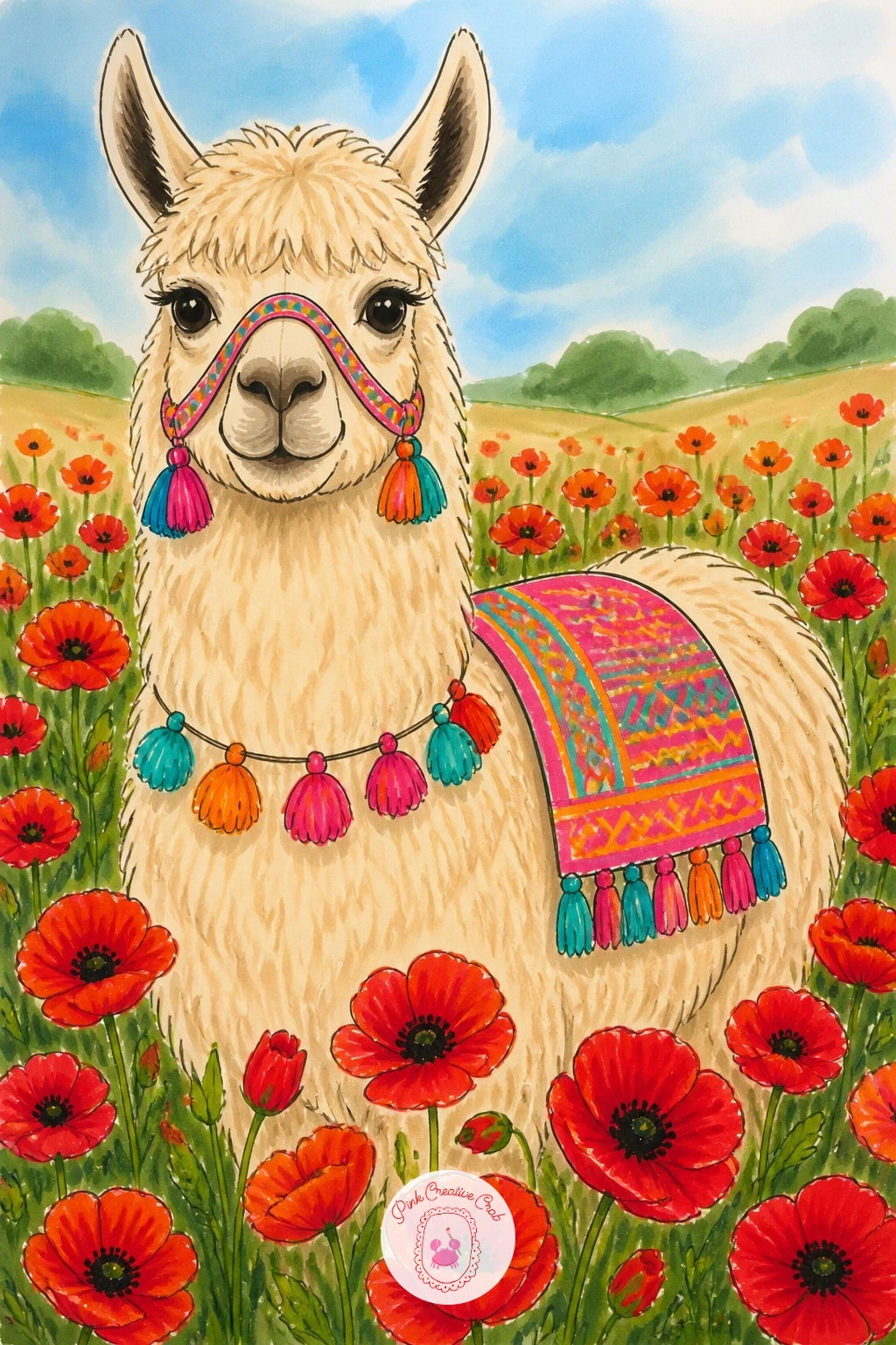 Llama In A Field Of Poppies — Return to a full scene with a llama standing among tall red poppies. Llama drawing