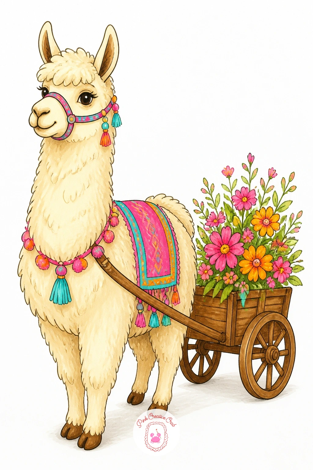 Llama Pulling A Tiny Cart Of Flowers — Give the llama a small job again, this time pulling a cute little wooden cart loaded with flowers. Llama drawing