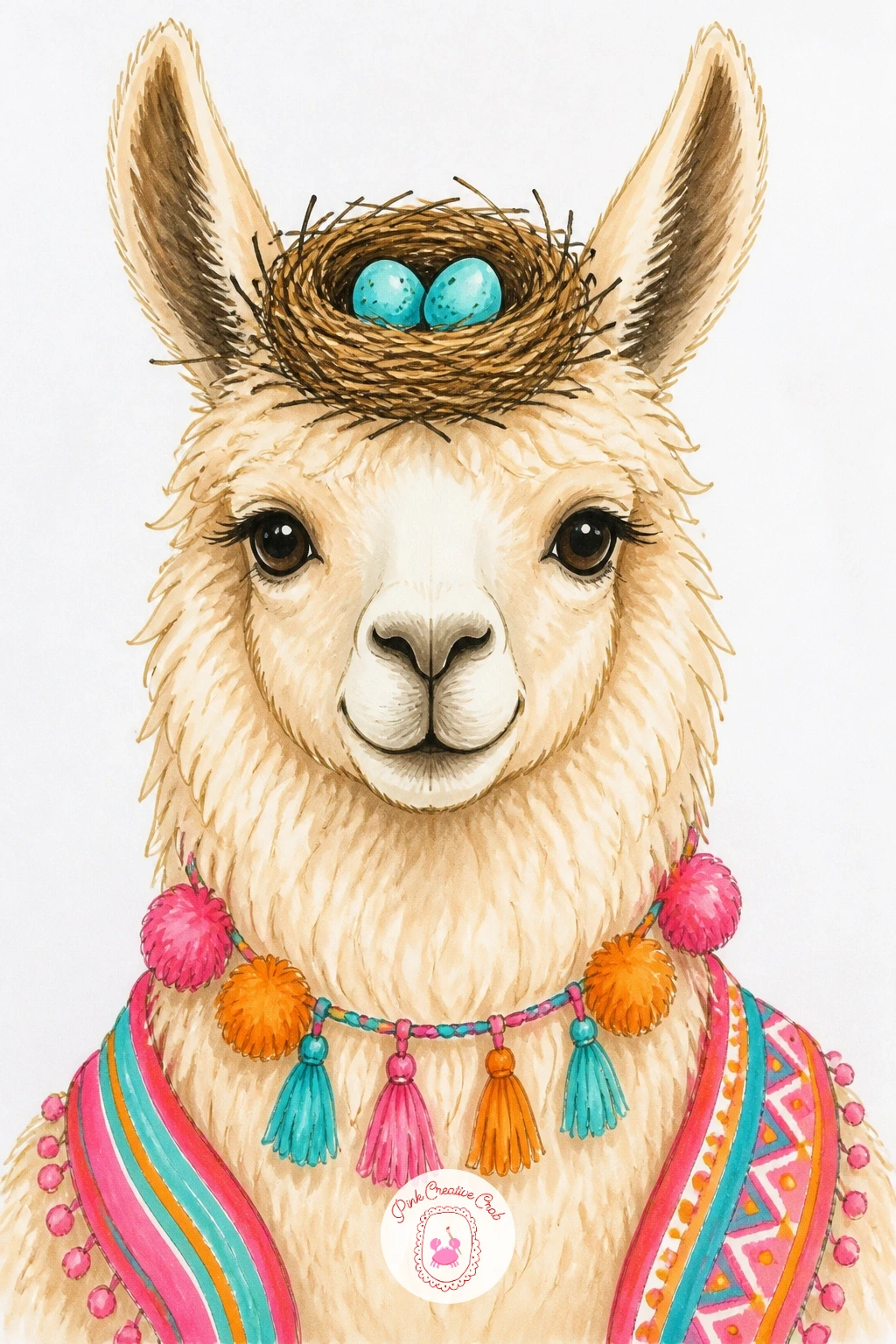 Llama With A Bird Nest On Its Head — This silly, gentle idea pairs well with the sassy llama earlier for a nice contrast in expression. Llama drawing