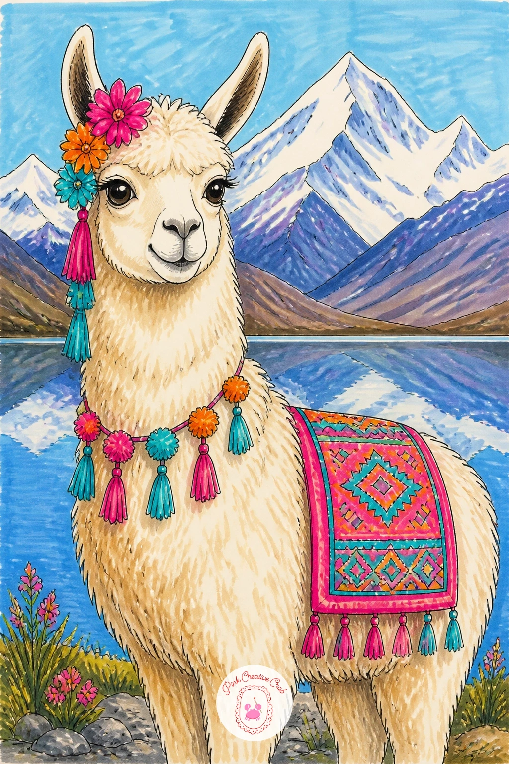 Llama By A Lake Below Snowy Peaks — This quieter landscape pairs a calm llama with a reflective lake and snow-capped mountains behind it. Llama drawing