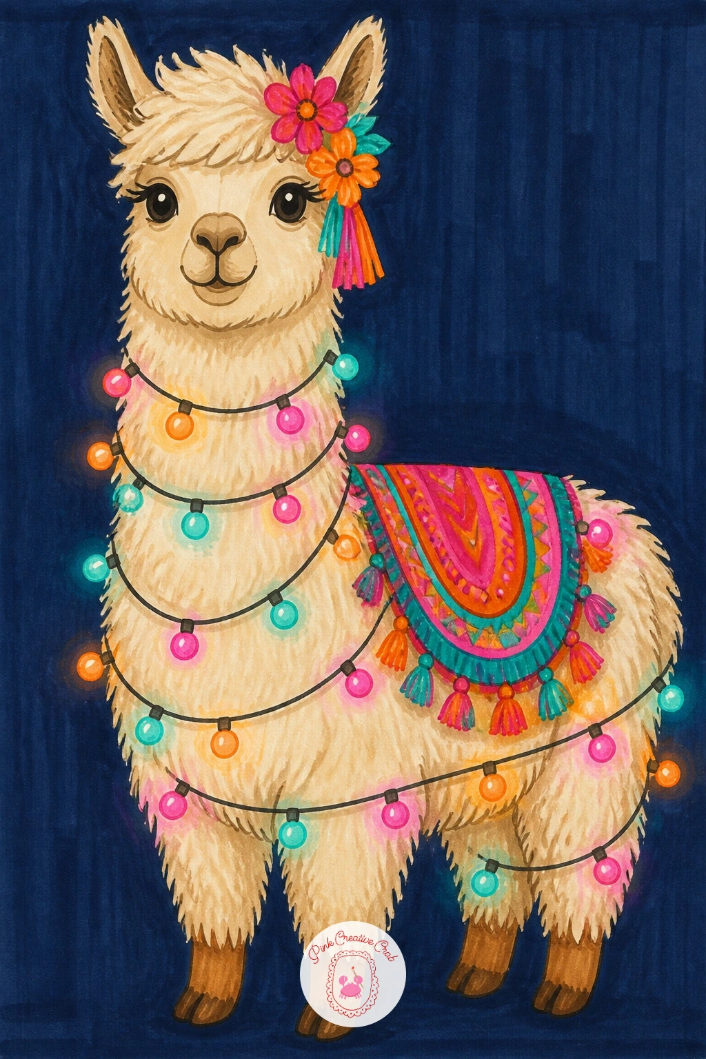 Llama Wrapped In String Lights — Bring back the party mood with this cozy evening scene. Llama drawing