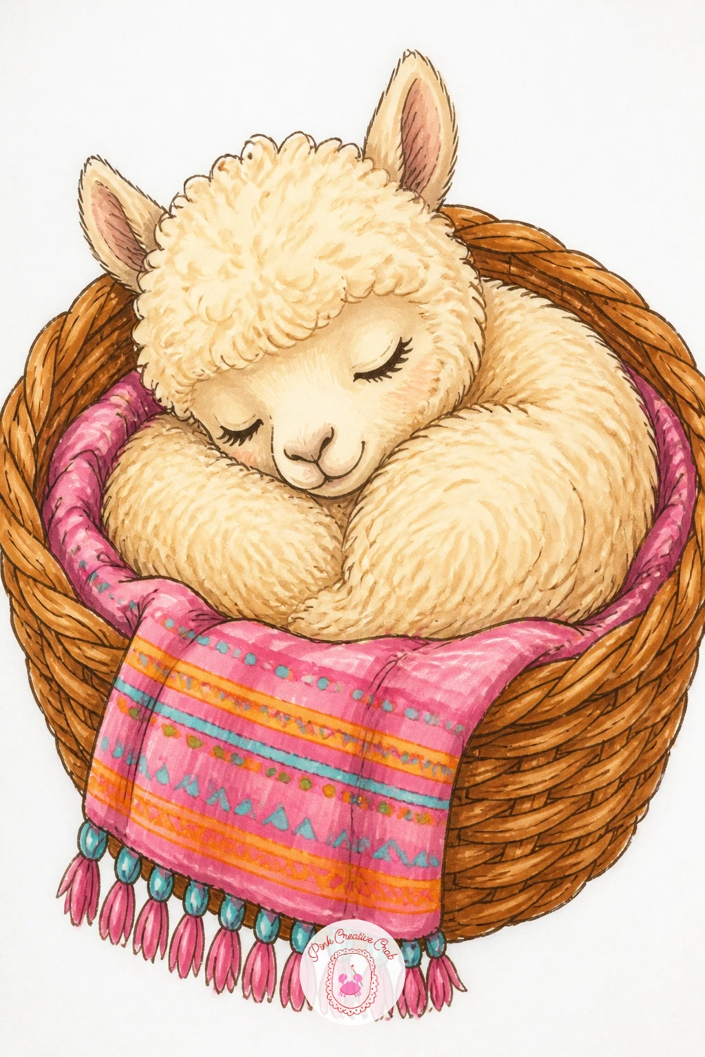 Baby Alpaca In A Basket — For a very small, very sweet subject, draw a baby alpaca curled up inside a round woven basket, legs tucked completely out of sight.