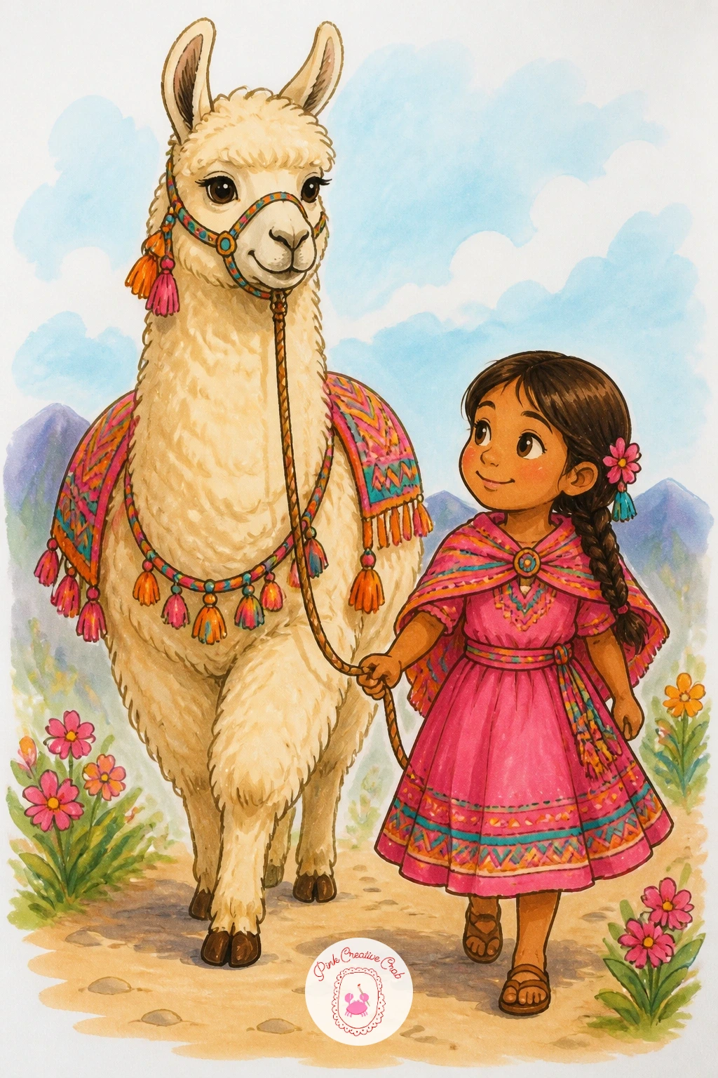 Llama And A Girl Walking Side By Side — End the set with the warmest scene of all: a girl and a llama walking together, as a nice last project to draw side by