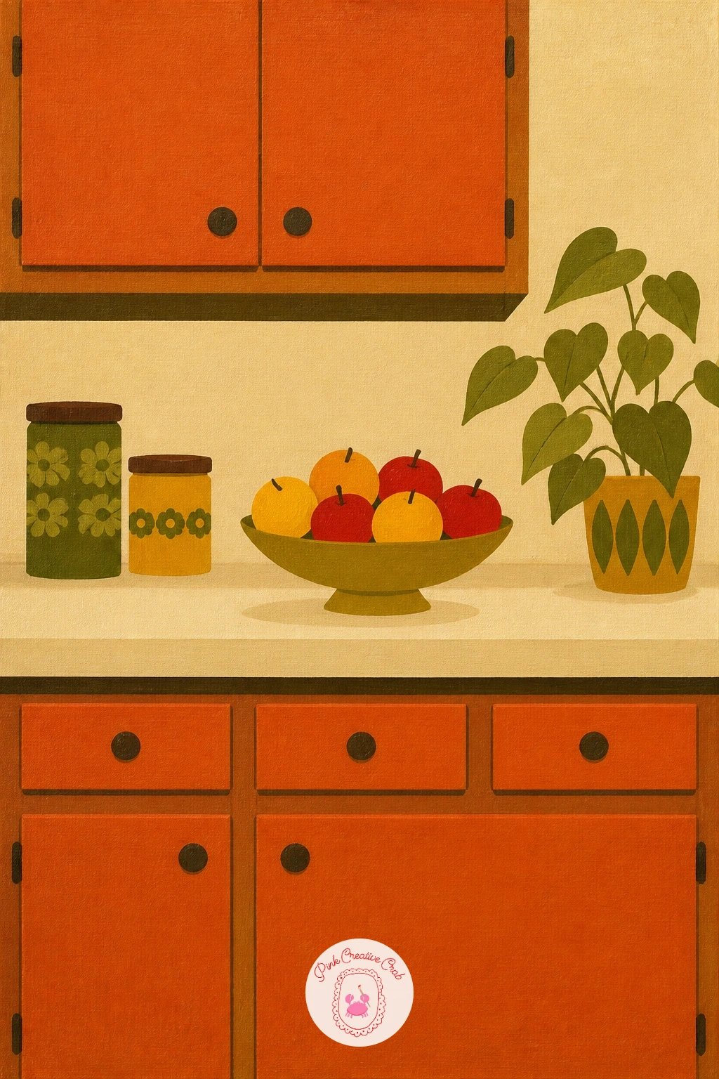 70s Orange Kitchen Cabinets — Start with the easiest room in the whole set: a 70s kitchen wall of orange cabinets with a bowl of fruit on the counter. Retro