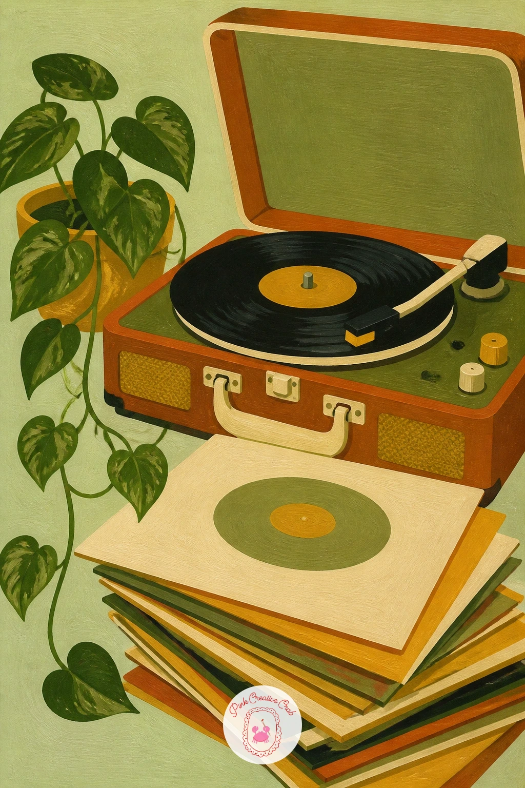 Record Player With Vinyl Stack — A record player scene is a quiet, tabletop subject after two busy interiors, just a turntable, a stack of vinyl records and a