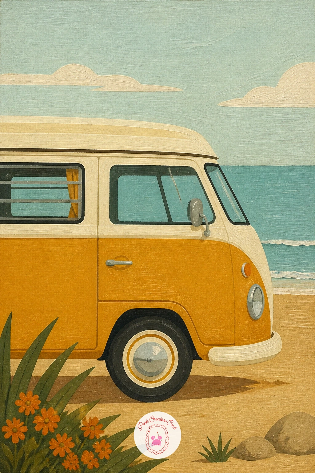 Vintage Camper Van By the Sea — Move outdoors now with a vintage camper van parked by the sea, its two-tone paint job the star of the piece. Retro painting