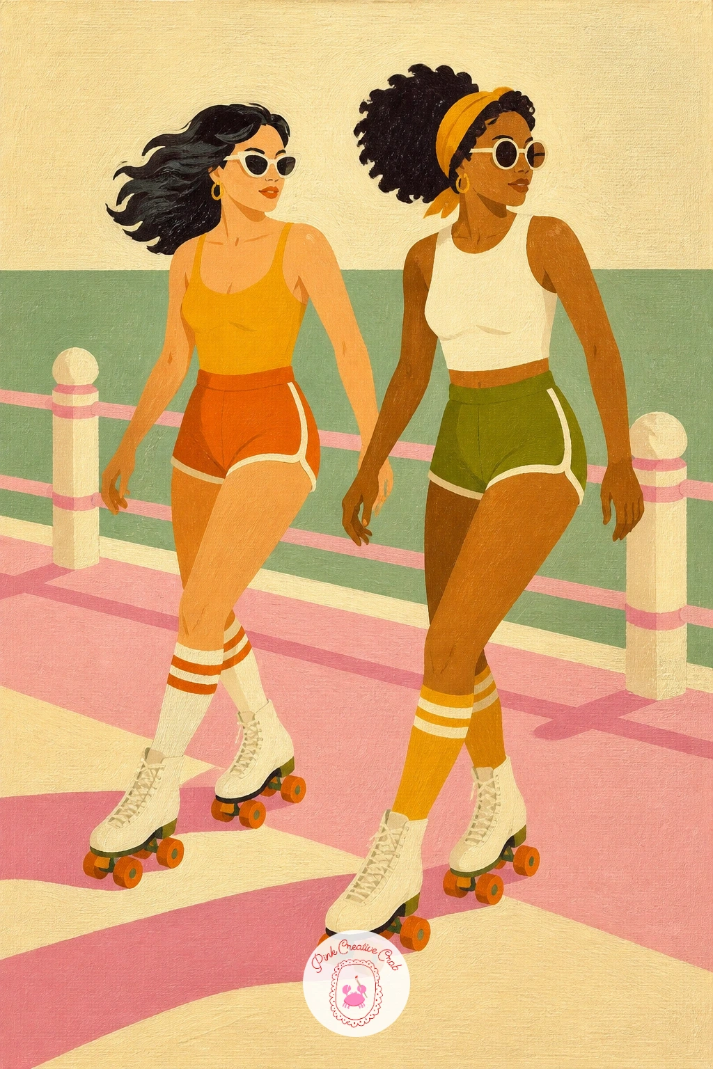Roller Skaters on a Pastel Boardwalk — After a still van, bring in some movement with two roller skaters gliding along a pastel boardwalk. Retro painting