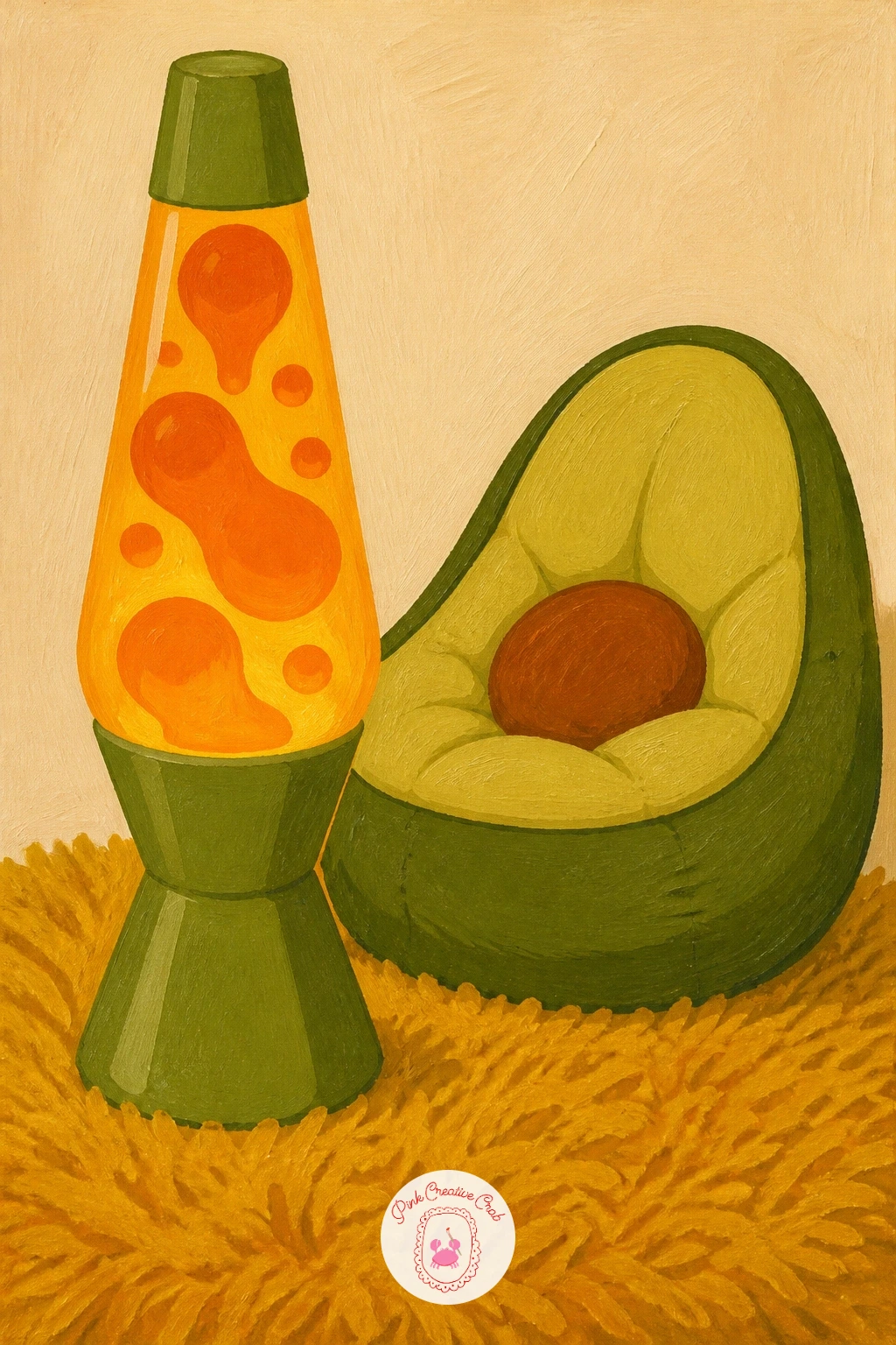 Lava Lamp on a Shag Rug — Bring the scene indoors again with a glowing lava lamp beside a beanbag, sitting on a shag rug. Retro painting