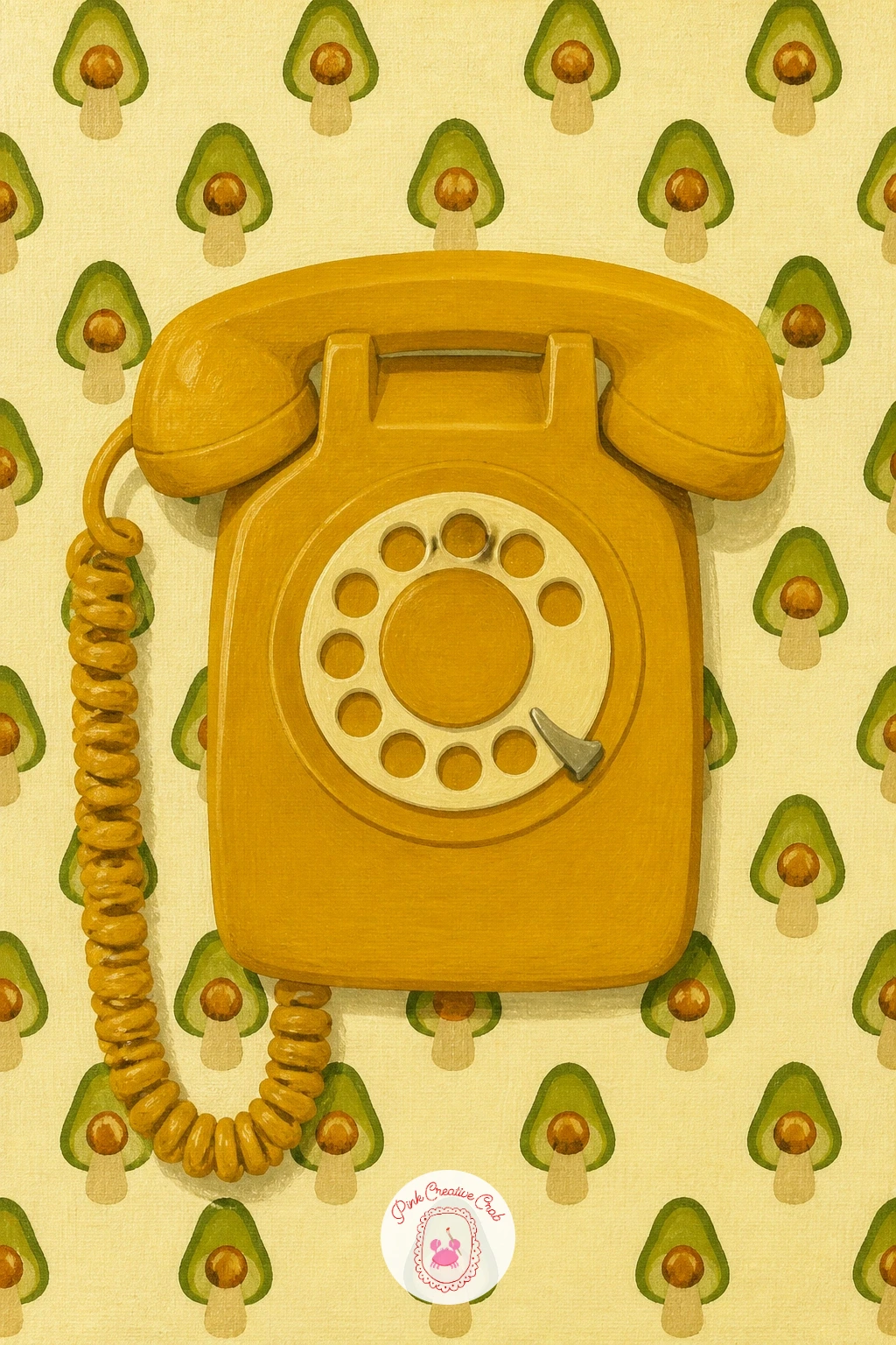 Rotary Phone on Mushroom Wallpaper — A rotary phone against a wall of mushroom print wallpaper is a great small still life once you are ready for a bit more