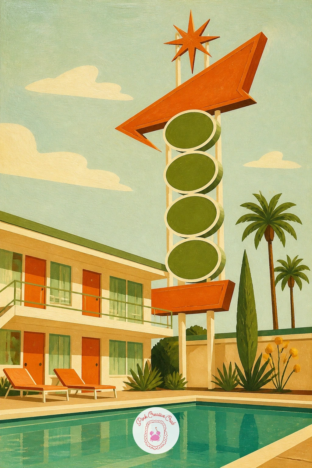 Retro Motel Sign and Pool — Step back outside for a retro motel with its swimming pool and tall roadside sign. Retro painting