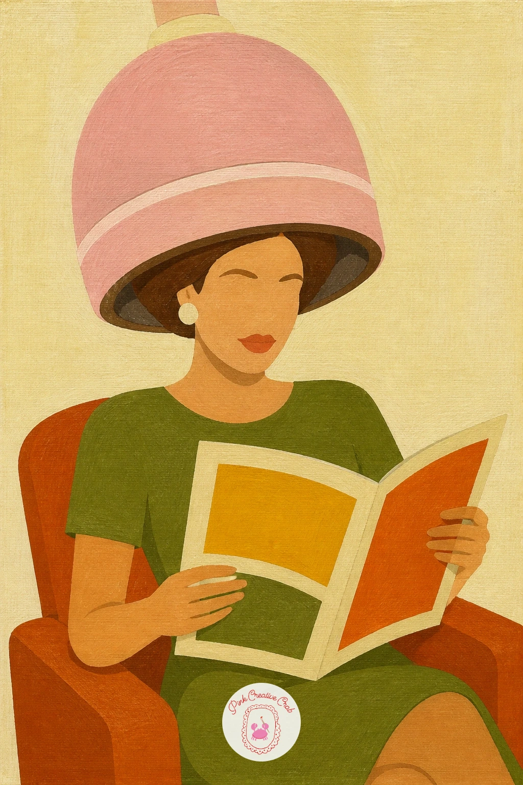 Woman Under a Salon Hair Dryer — A woman reading a magazine under a salon hair dryer is a fun character piece once figures feel comfortable. Retro painting
