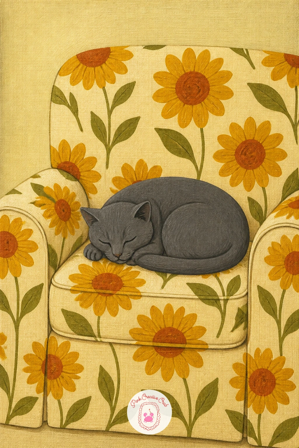 Sunflower Sofa With a Cat — A sunflower print sofa with a cat curled on it brings pattern and an animal together in one cozy scene. Retro painting