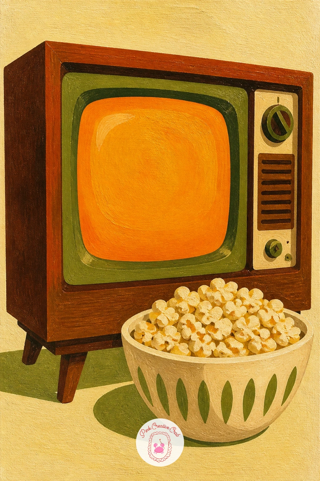Vintage TV With Popcorn Bowl — A boxy vintage TV set glowing beside a bowl of popcorn is a satisfying small still life for a cozy retro wall. Retro painting
