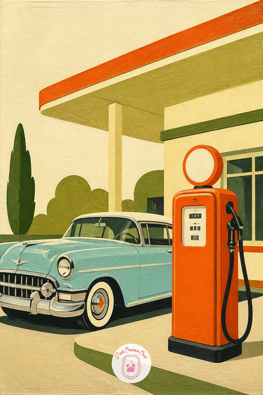 50s Gas Station With Pastel Car — A 50s gas station with a pastel car pulled up at the pump brings back the open road feel of the earlier camper van scene, but
