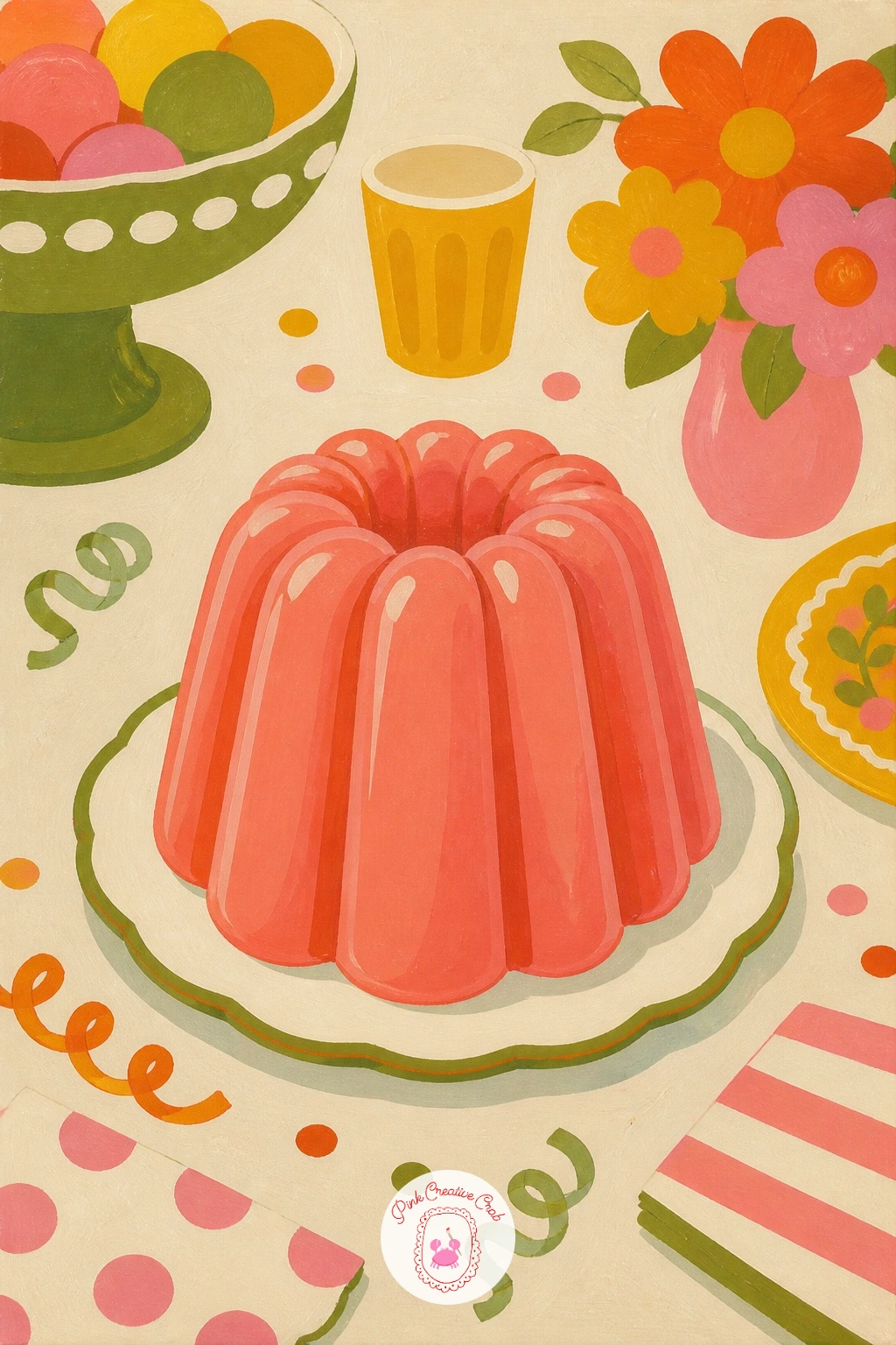 Jello Mold Dessert on a Party Table — A wobbly jello mold dessert sitting on a party table is a bright, playful still life that rewards a confident brush.