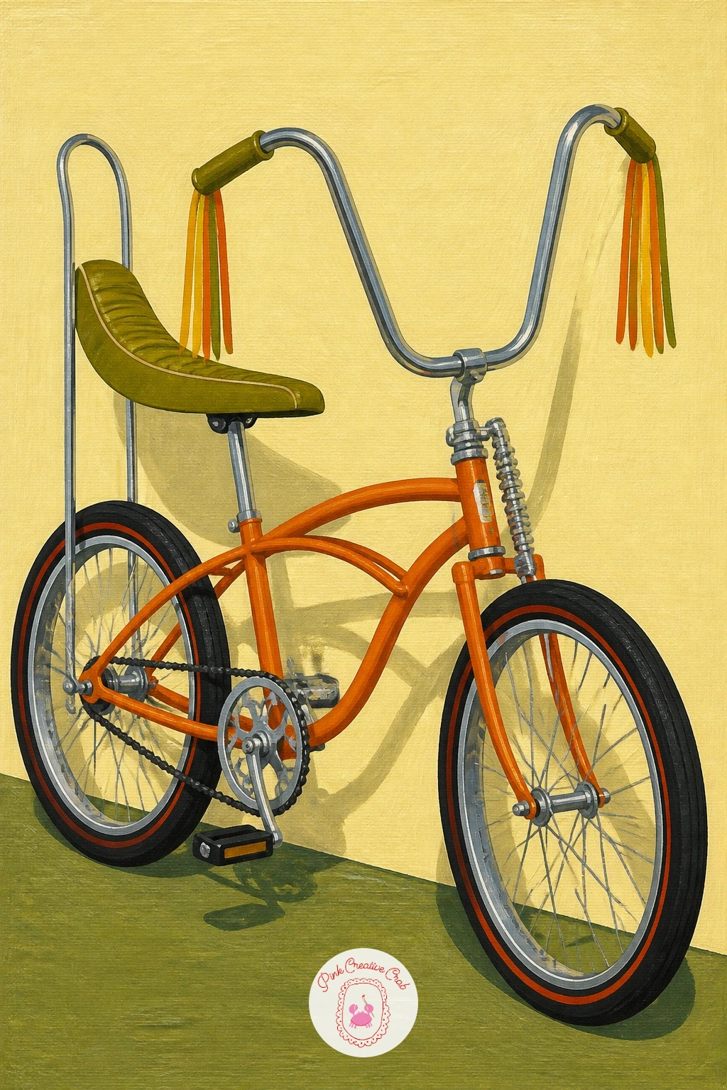 Bicycle With a Banana Seat — A bicycle with a long banana seat and handlebar tassels is a nostalgic single-object painting that works well leaning against a