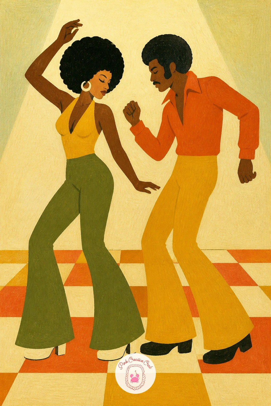 Dancers in Bell Bottoms — Two dancers in bell bottoms on a lit dance floor bring movement and bold color into one lively scene. Retro painting