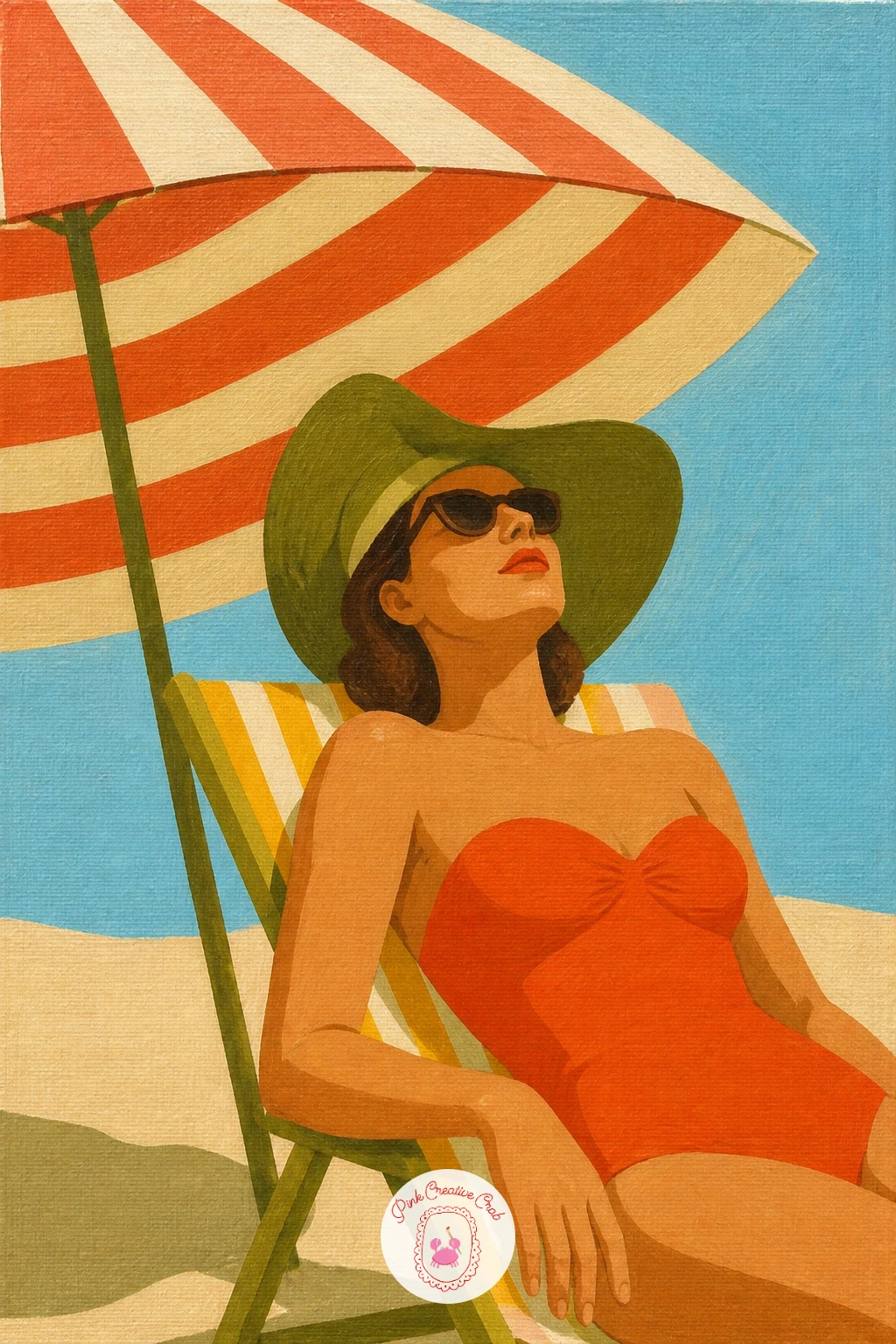 Woman Under a Striped Beach Umbrella — A woman in a 60s swimsuit resting under a striped beach umbrella is a sunny figure piece that builds on the earlier