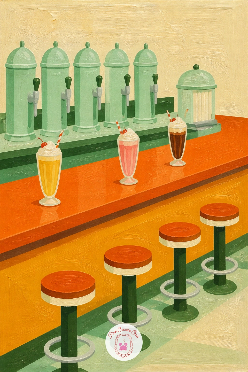 Soda Fountain Counter With Stools — A soda fountain counter lined with round stools takes the diner booth idea and widens it into a longer scene. Retro painting