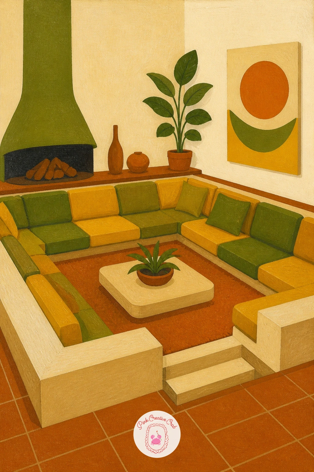70s Sunken Conversation Pit — A 70s living room built around a sunken conversation pit is a satisfying interior to paint once perspective basics feel