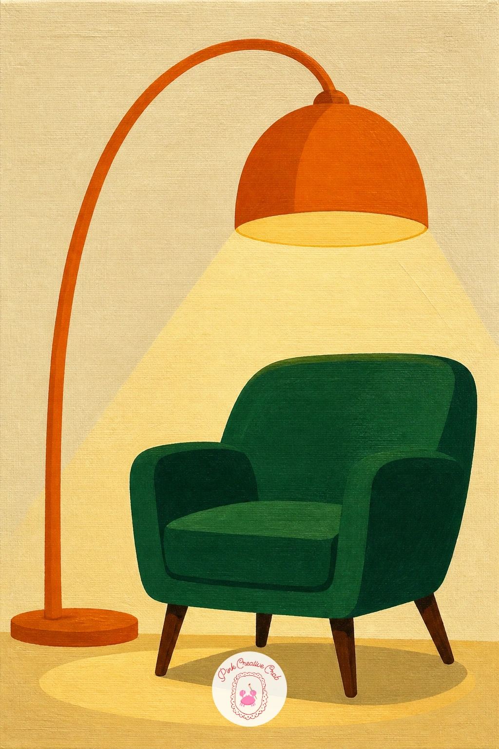 Orange Arc Lamp Over a Velvet Chair — An orange arc floor lamp curving over a velvet armchair is a graphic, lighting-focused scene that builds nicely on the