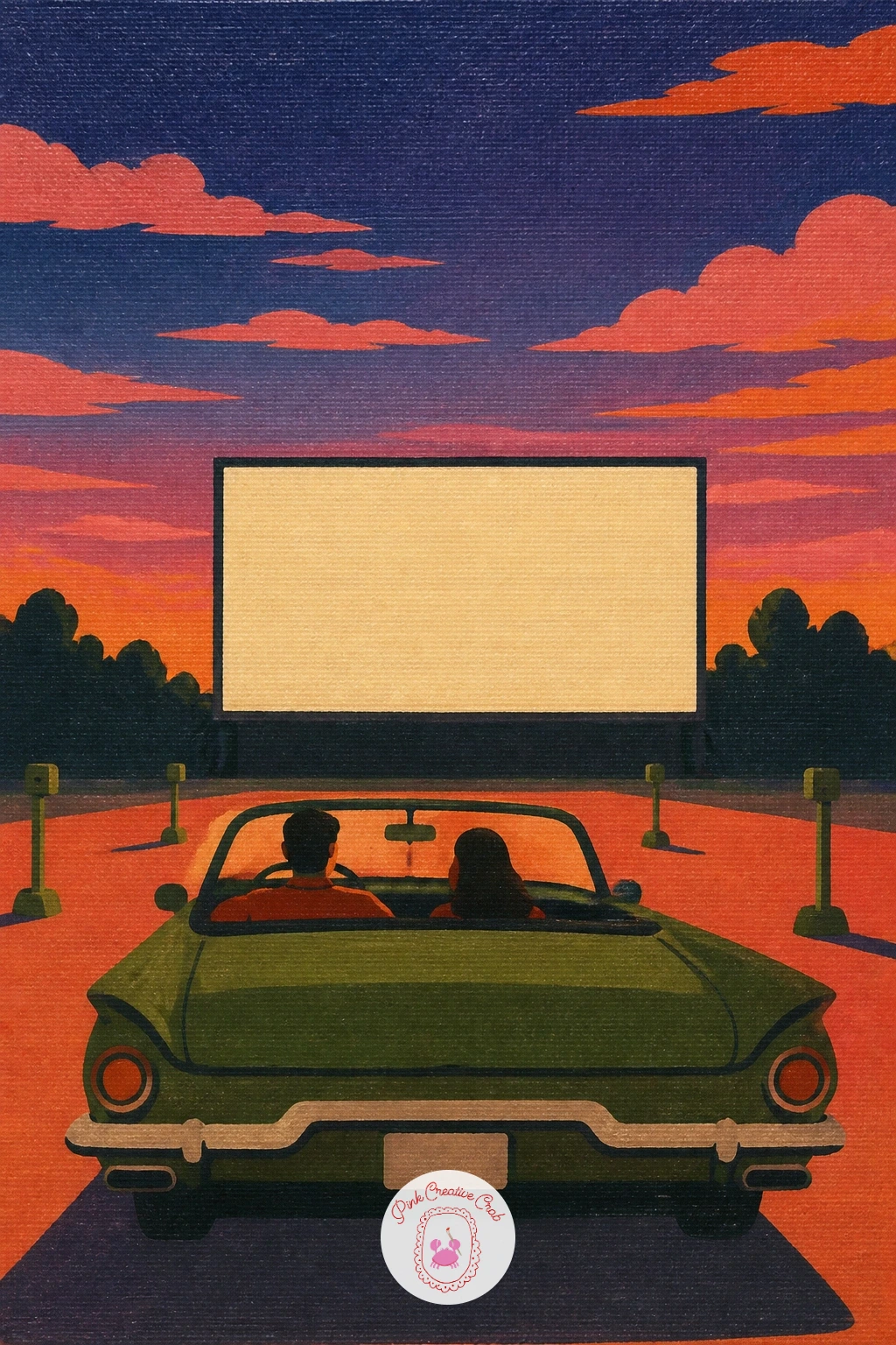 Drive-In Movie at Dusk — A drive-in movie with a convertible parked in front of a glowing screen at dusk is a bigger landscape scene once interiors feel