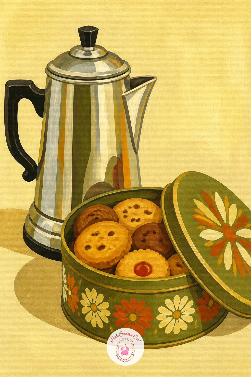 Percolator Coffee Pot and Cookie Tin — A percolator coffee pot beside a tin of cookies is a calm, cozy still life that is easy to finish quickly. Retro painting