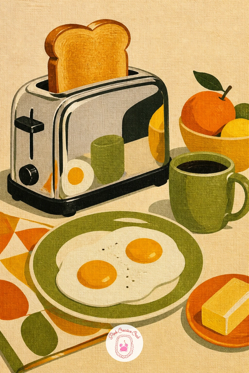 Breakfast Table With Chrome Toaster — A breakfast table with a chrome toaster and a plate of eggs is a bright, simple still life that works well paired with