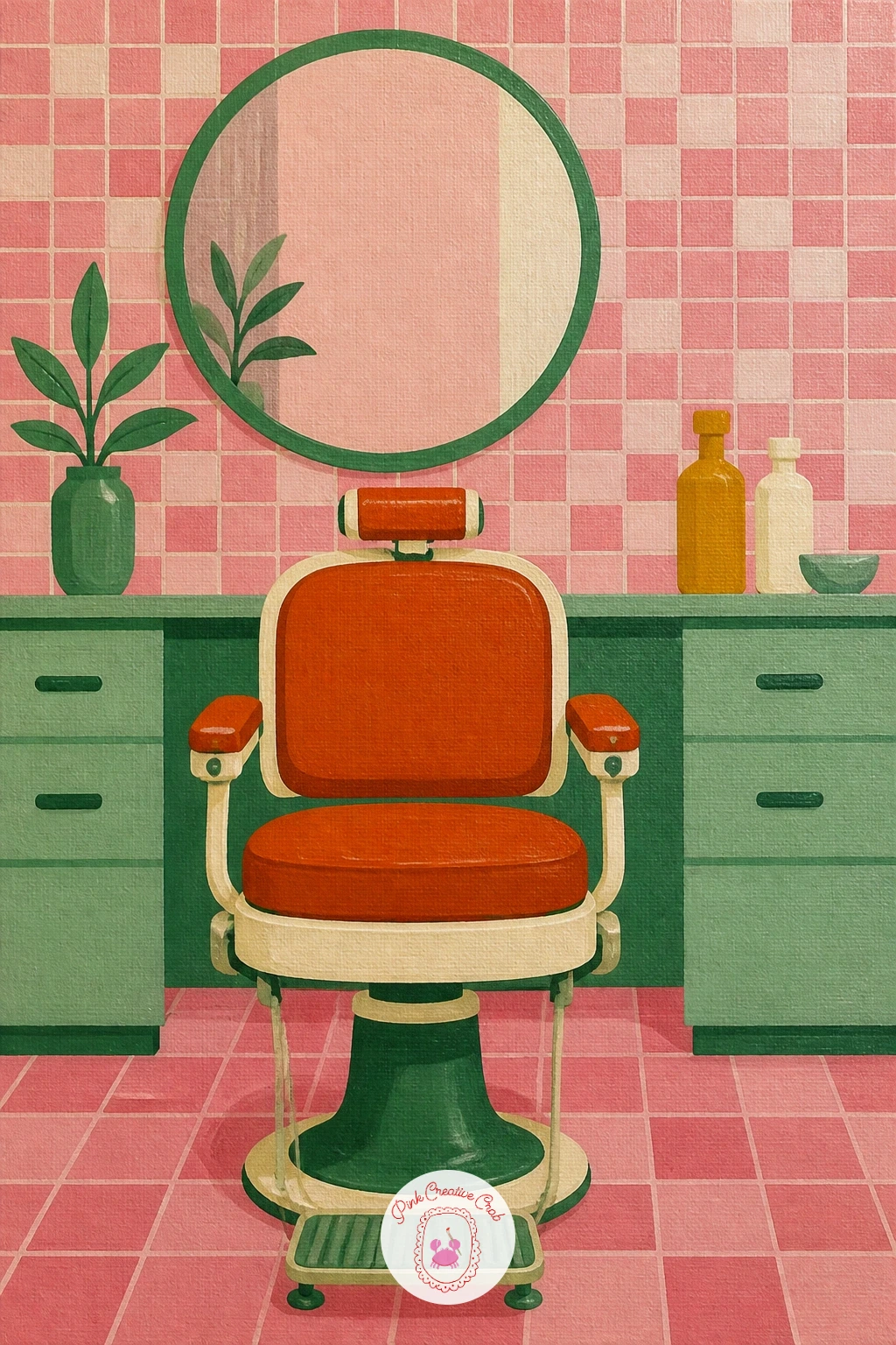 Pink Tiled Hair Salon — A pink tiled hair salon with a vintage chair is a bold, color-first scene that revisits the earlier salon idea from a wider angle.