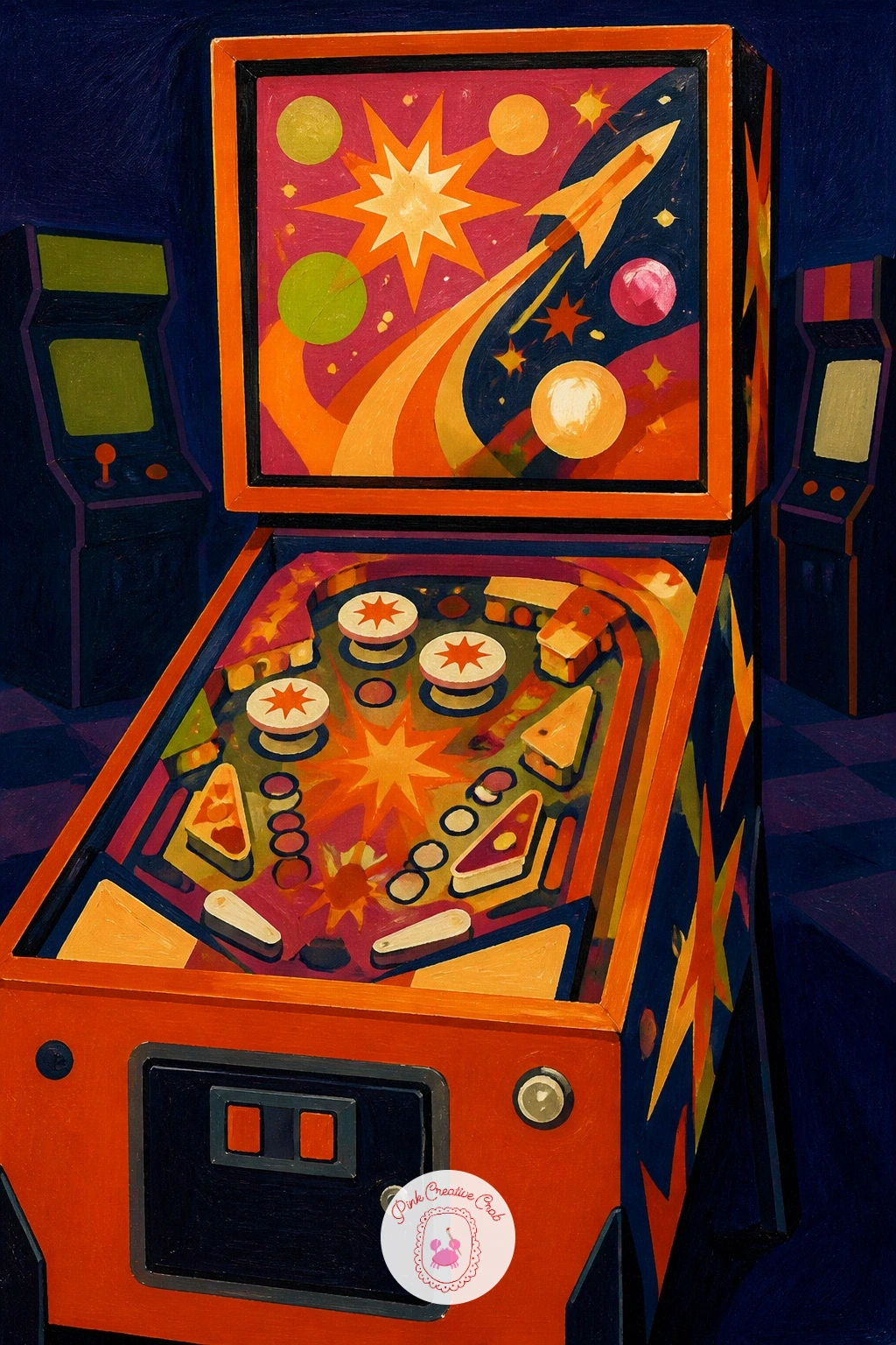 Pinball Machine in an Arcade — A glowing pinball machine in a dim arcade is a fun, lit-up subject that leans on strong contrast rather than fine detail. Retro