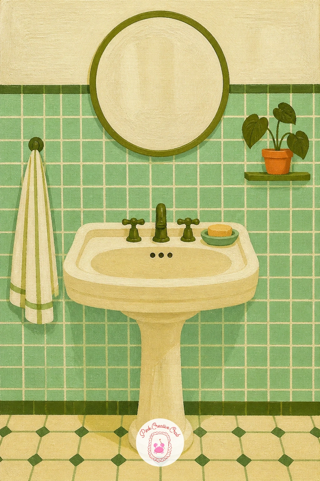 Mint Green Tiled Bathroom — A mint green tiled bathroom is a quiet architectural scene that leans entirely on color and pattern rather than any figure or