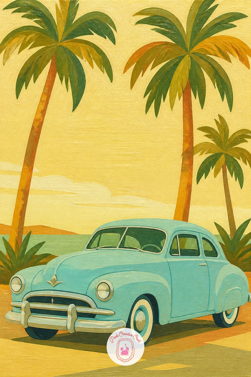 Pastel Blue Car Under Palm Trees — A pastel blue 60s car parked under a row of palm trees pulls together everything from the earlier camper van and gas station