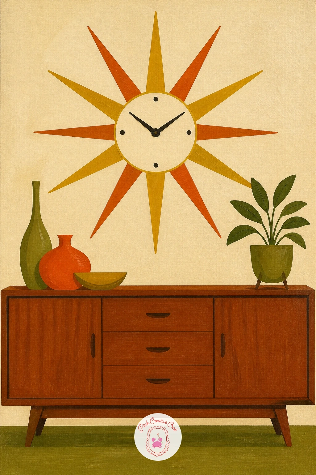 Sunburst Clock Over a Teak Sideboard — Close out the set with a sunburst clock mounted above a low teak sideboard, a classic piece of period decor painted as