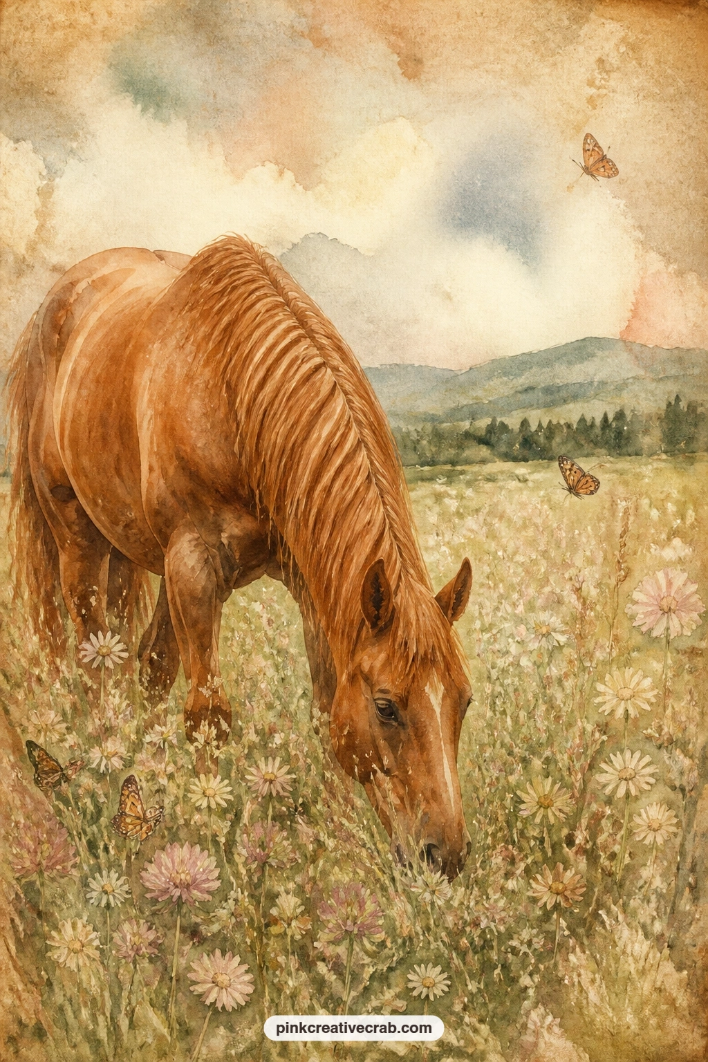 Chestnut Mare In Wildflower Meadow printable page — Stand a chestnut mare knee deep in a meadow thick with wildflowers, her head lowered to graze under a wide