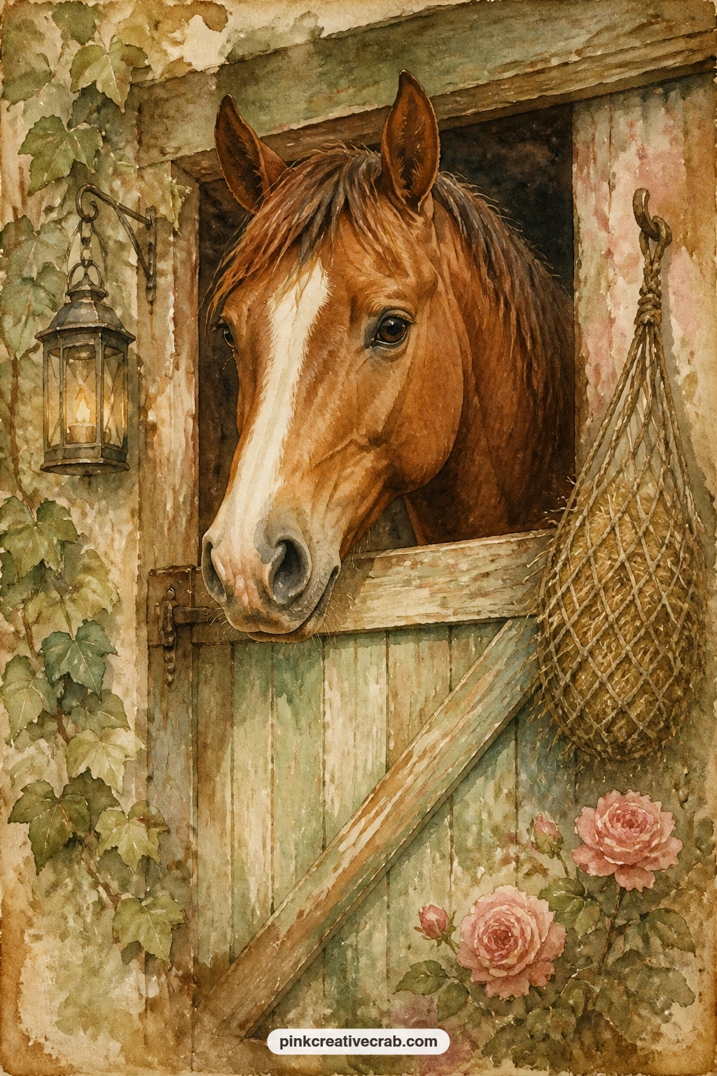 Horse At The Stable Door printable page — Pair this one with the saddle leather background later in the set, using it as a lining behind the stable door so the