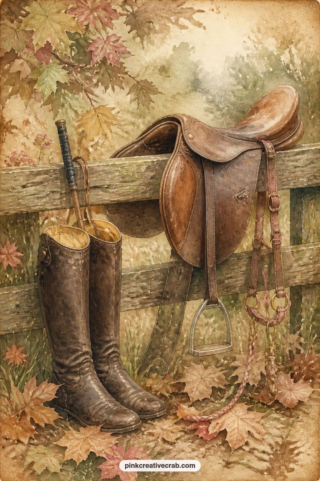 Riding Boots And Saddle On Fence printable page — Tuck a torn ticket stub or a pressed grass stem under the saddle flap here, something small that says the