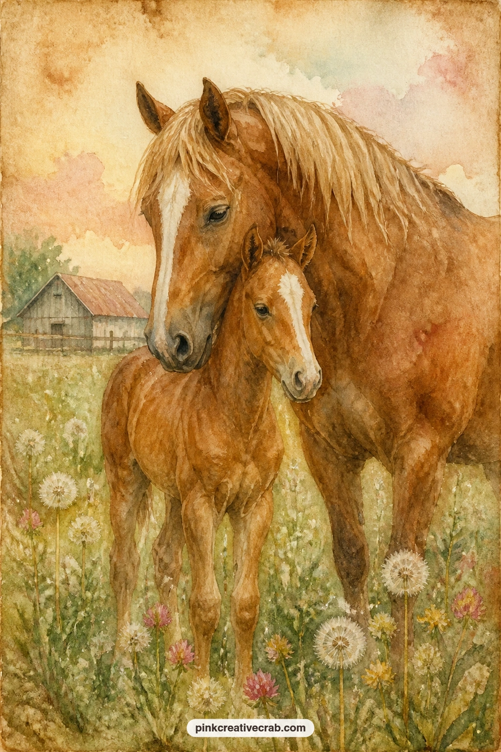 Foal Beside Its Mother printable page — Give the foal a wobble in its stance and let it lean into its mother's side, both of them standing in soft pasture