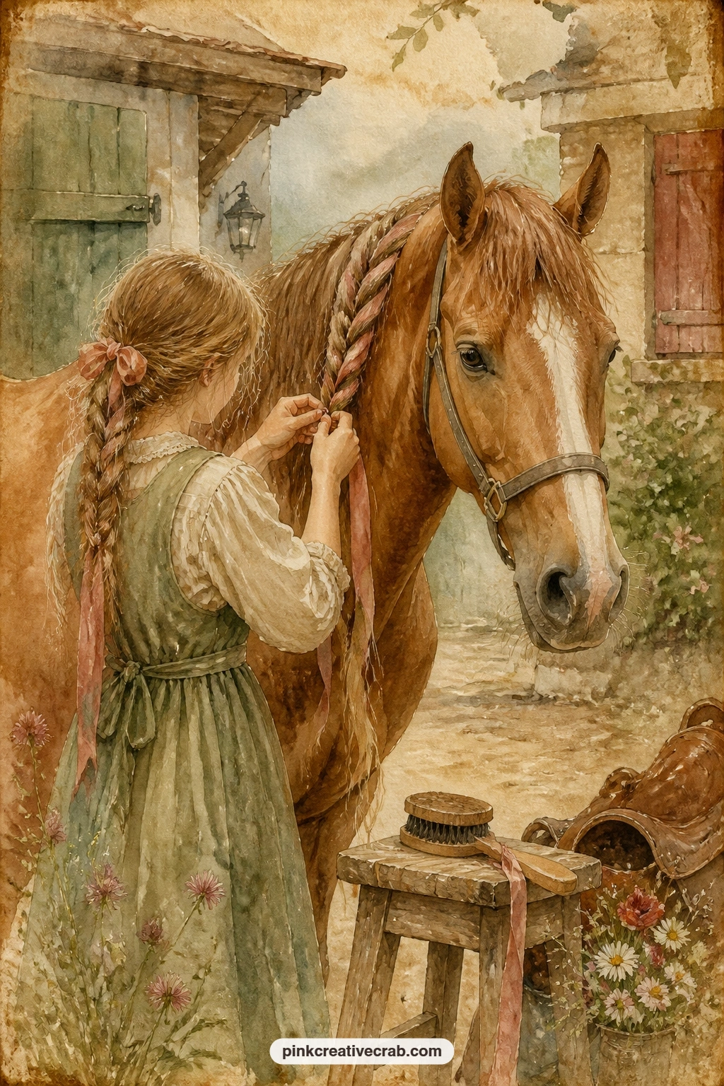 Girl Braiding A Horse's Mane printable page — The usual mistake on a page like this is leaving too much empty space around the pair, so bring the grooming kit