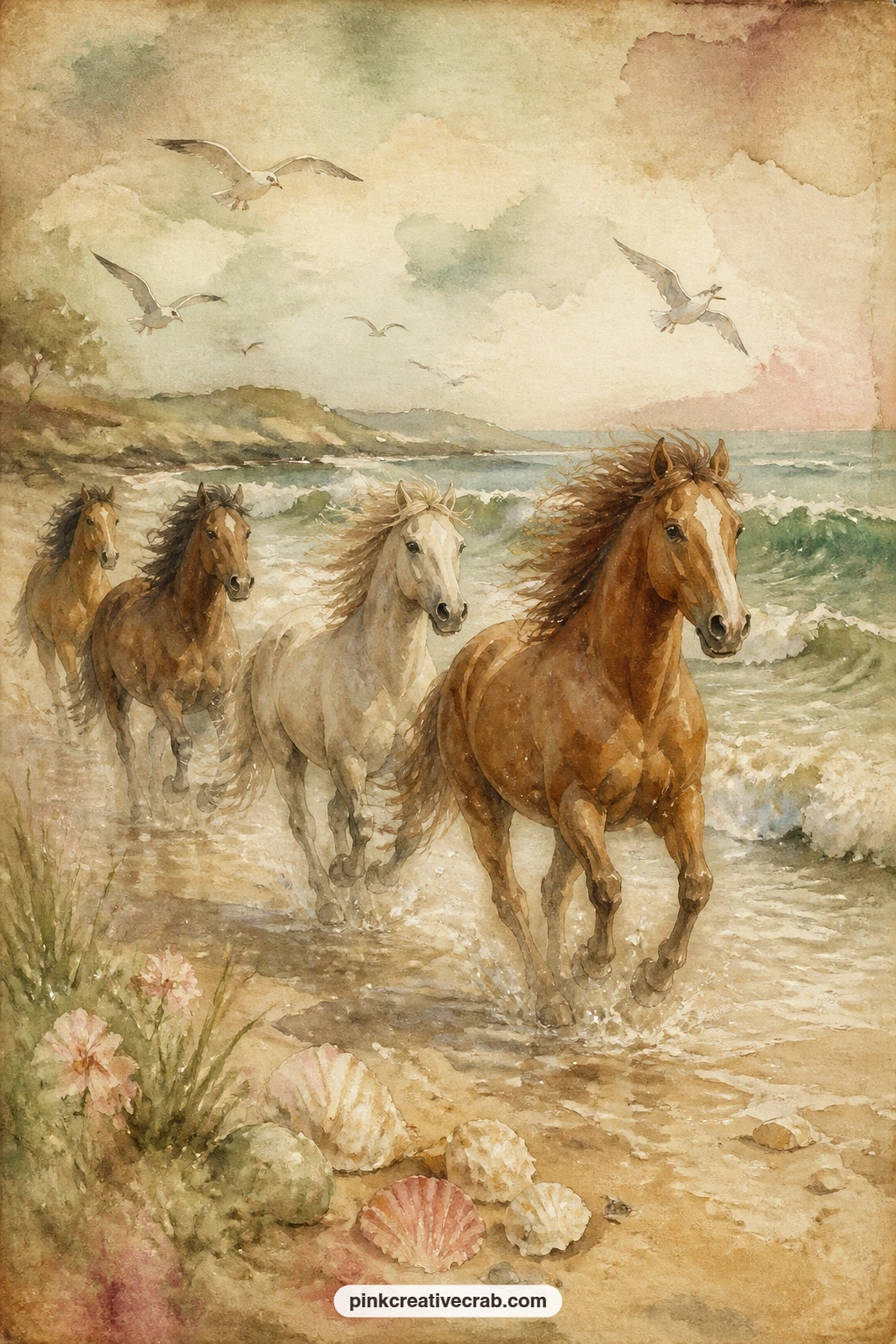 Wild Horses Running Along A Beach printable page — Let a small band of horses gallop low along the shoreline, manes streaming, with gulls overhead and a line