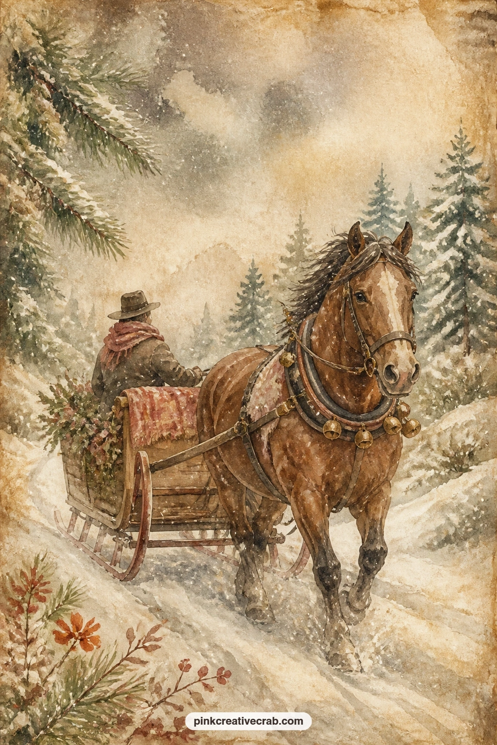 Horse-Drawn Sleigh In Snow printable page — Place this page opposite the snowy paddock background further in the set, letting the pale blue of the snow carry