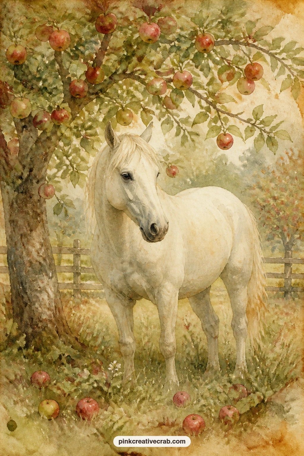 White Horse Under An Apple Tree printable page — A white horse stands beneath an apple tree heavy with fruit, a few apples fallen at its feet and orchard grass