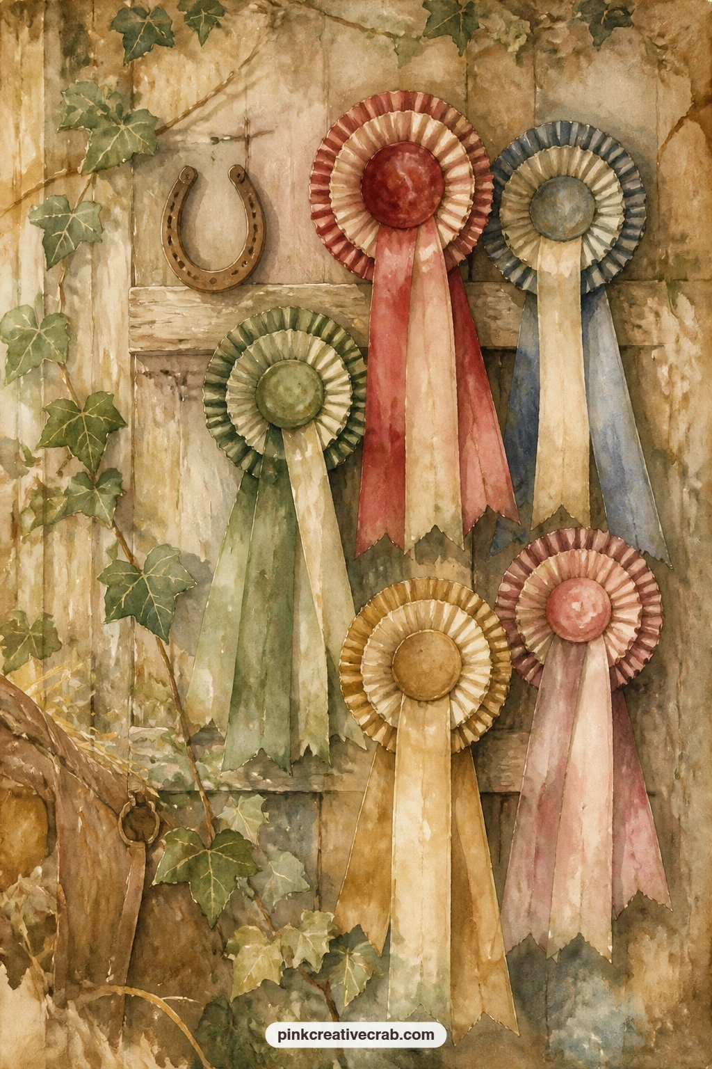 Show Rosettes On Stable Wall printable page — Write the name of a favourite horse or pony, a show date, or a line about a ribbon once won, right across the