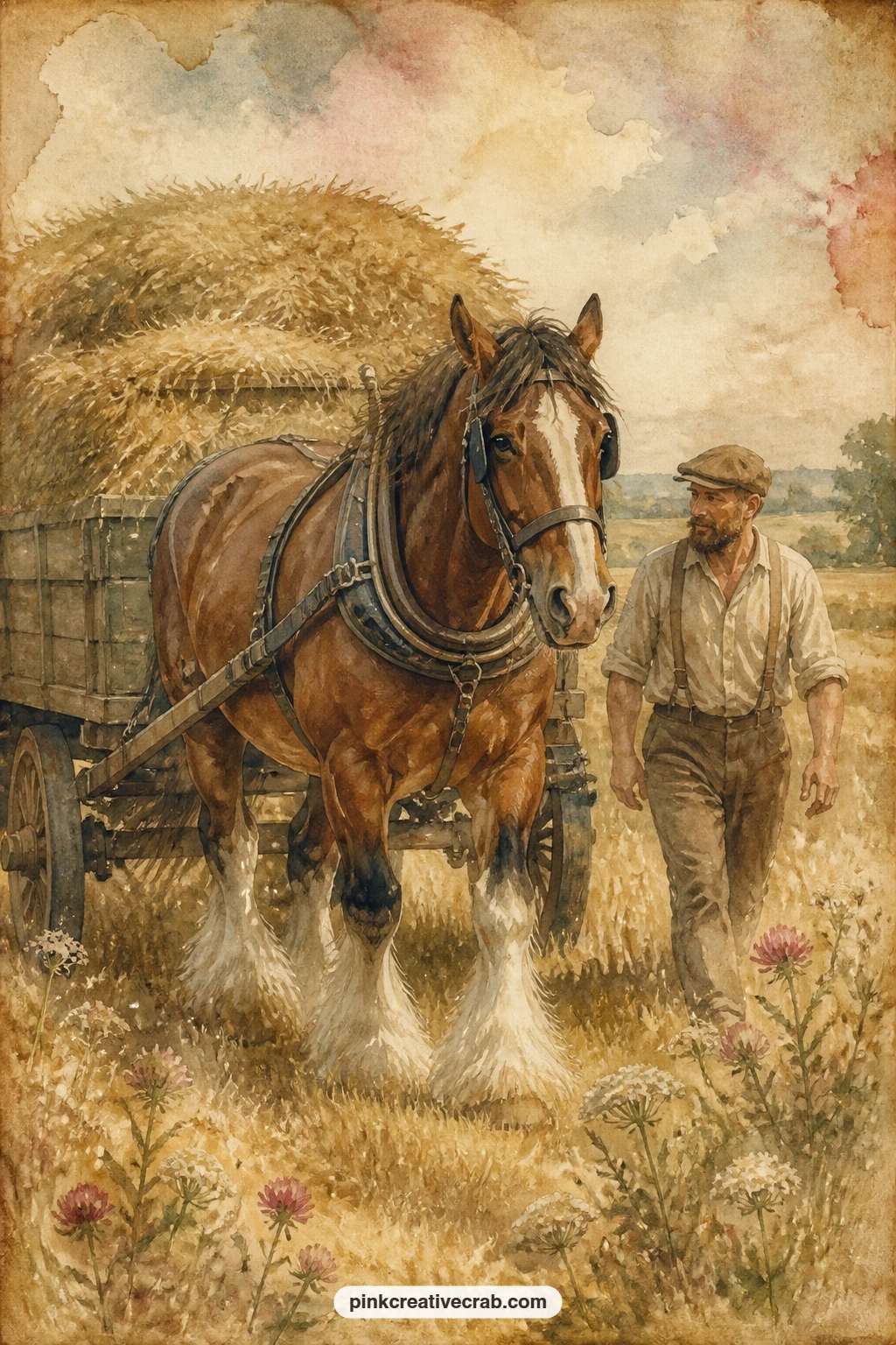 Clydesdale Pulling A Hay Wagon printable page — Give the five minute version here: skip the wagon's fine detail and focus on the Clydesdale's feathered legs