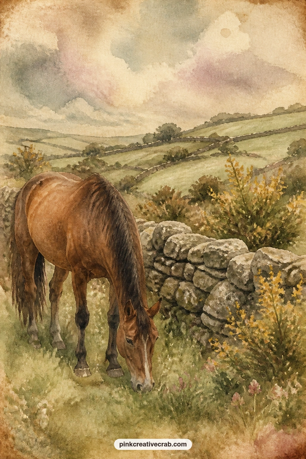 Horse Grazing By Irish Stone Wall printable page — Grazing beside a low stone wall, a horse lifts its head for a moment while green fields roll away behind