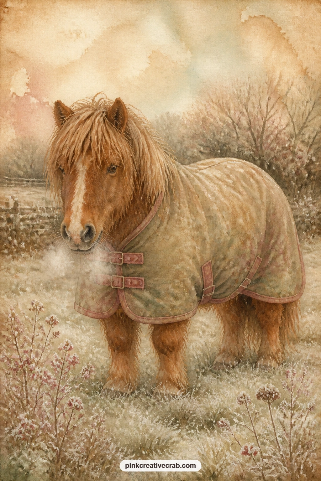 Pony In Woolly Winter Blanket printable page — A shaggy pony stands wrapped in a woolly winter blanket, breath visible in the cold air, with frost on the grass