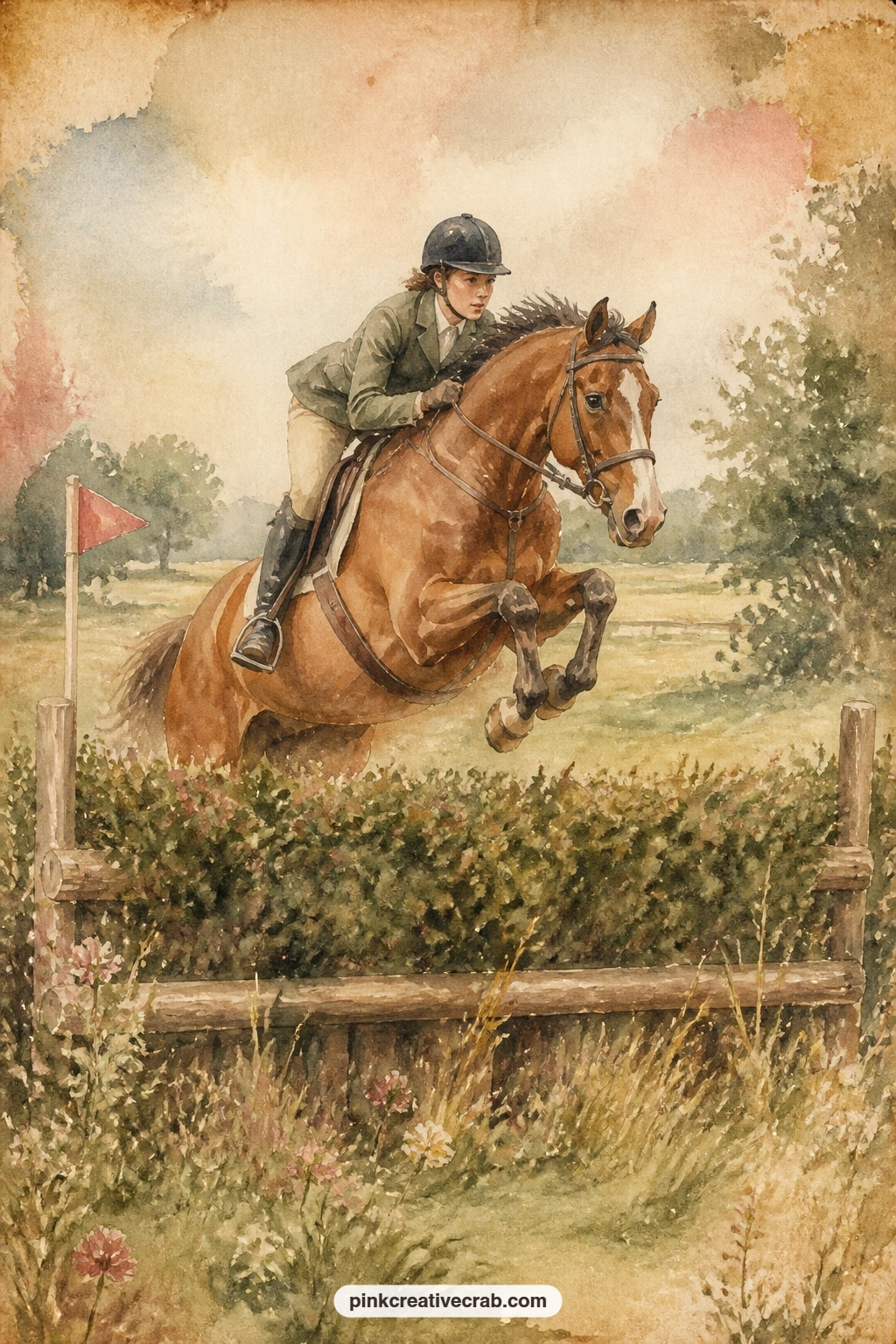 Horse And Rider Clearing A Jump printable page — Catch the horse and rider mid air over a low hedge jump, with a scatter of fence rails, a flag marker and open