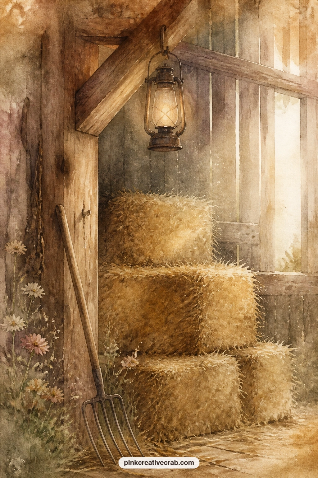 Barn With Hay Bales And Lantern printable page — Use this page as the quiet one in a spread, sitting it beside the Clydesdale page so the warm barn light